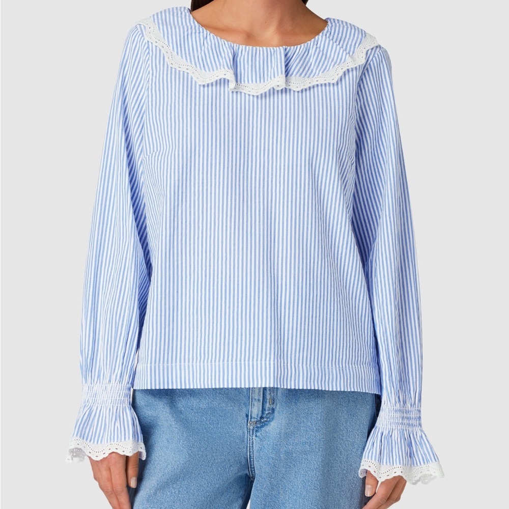 Blue and White Ruffled Bib Collar Blouse